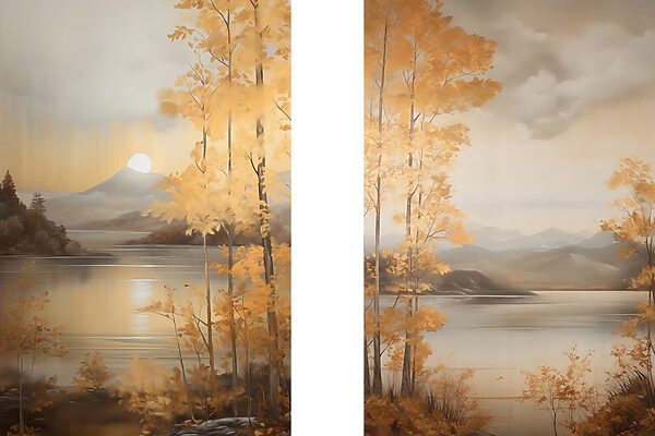 Painting of a mountain and a lake