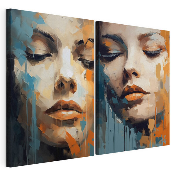 Rostro de una mujer pintado de naranja y azul Lámina modular sobre lienzo Rostro de una mujer pintado de naranja y azul