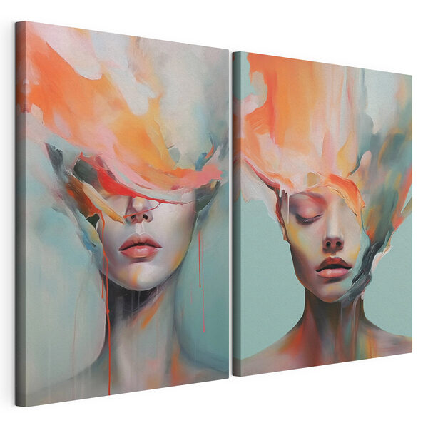 Collage del rostro de una mujer y un cuadro Lámina modular sobre lienzo Collage del rostro de una mujer y un cuadro