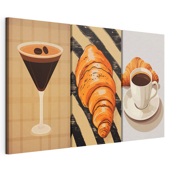 Una taza de café y unos cruasanes Lámina modular sobre lienzo Una taza de café y unos cruasanes