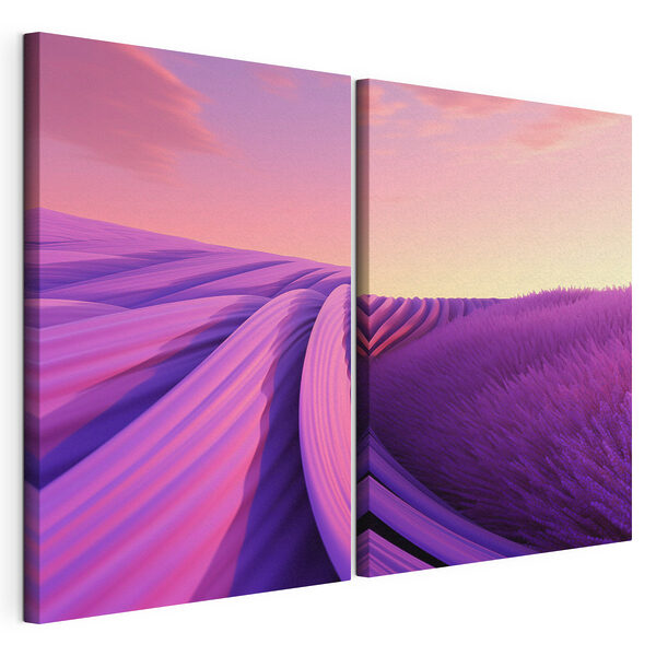 Campo de lavanda con un cielo rosa y morado Lámina modular sobre lienzo Campo de lavanda con un cielo rosa y morado