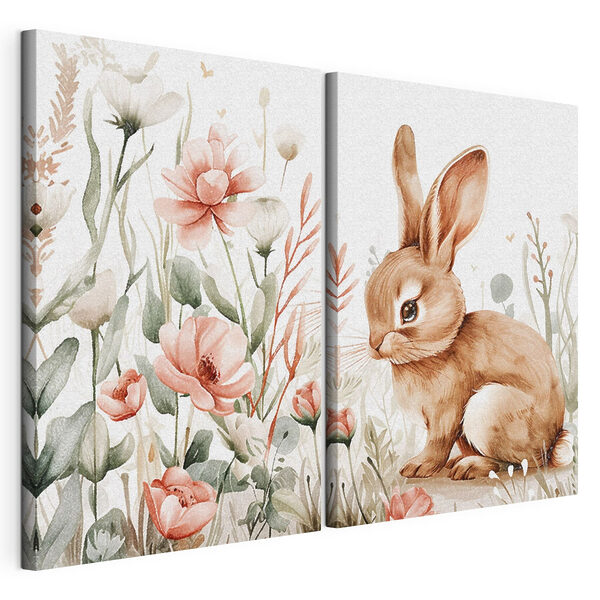 Conejo y flores Lámina modular sobre lienzo Conejo y flores