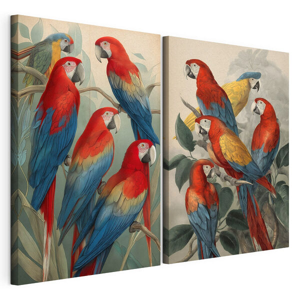 Lámina modular sobre lienzo Grupo de loros en una rama