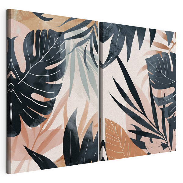 - Foliaje tropical en colores suaves Lámina modular sobre lienzo - Foliaje tropical en colores suaves