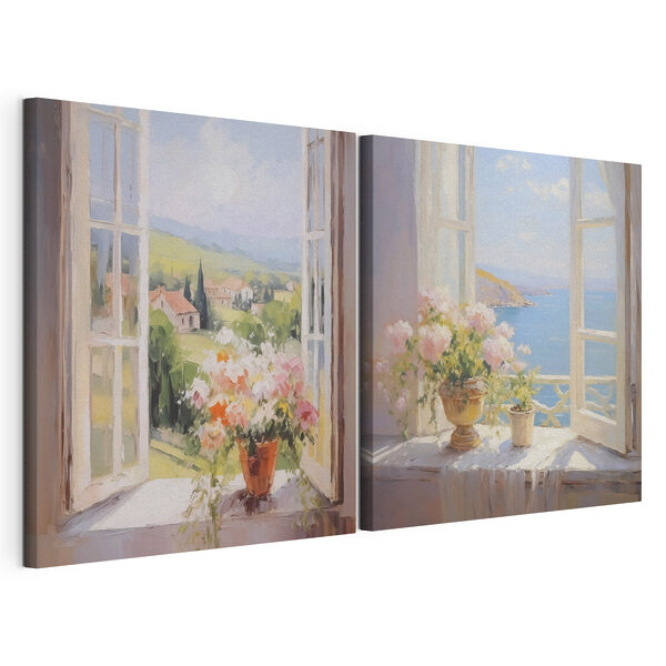 Cuadro de flores en el alféizar de una ventana Lámina modular sobre lienzo Cuadro de flores en el alféizar de una ventana