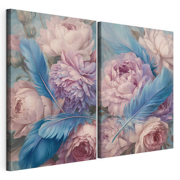 Delicadas flores con detalles de plumas Lámina modular sobre lienzo Delicadas flores con detalles de plumas