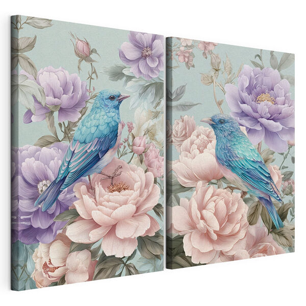Lámina modular sobre lienzo Un par de imágenes de pájaros sobre flores