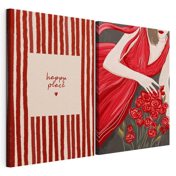 Mujer con un vestido rojo que sostiene unas flores Lámina modular sobre lienzo Mujer con un vestido rojo que sostiene unas flores