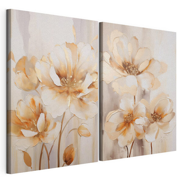 Dos cuadros de flores sobre fondo beige Lámina modular sobre lienzo Dos cuadros de flores sobre fondo beige