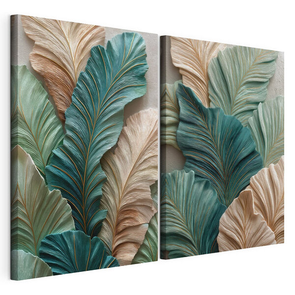 Composición artística de hojas verdes y beige Lámina modular sobre lienzo Composición artística de hojas verdes y beige