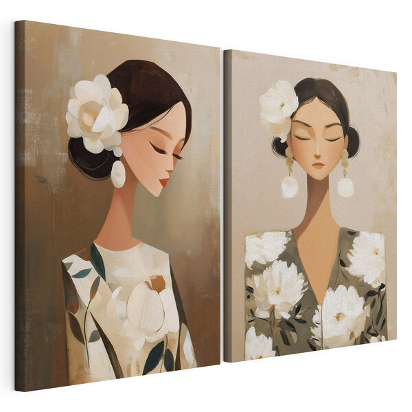 Collage de una mujer con flores en el pelo Lámina modular sobre lienzo Collage de una mujer con flores en el pelo