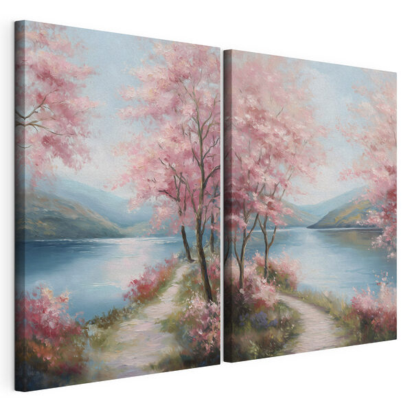 Cuadro que representa un sendero junto a un lago con flores rosas Lámina modular sobre lienzo Cuadro que representa un sendero junto a un lago con flores rosas