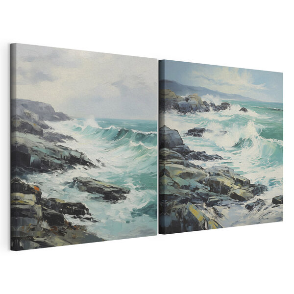 Cuadro en el que se ven las olas rompiendo contra las rocas Lámina modular sobre lienzo Cuadro en el que se ven las olas rompiendo contra las rocas