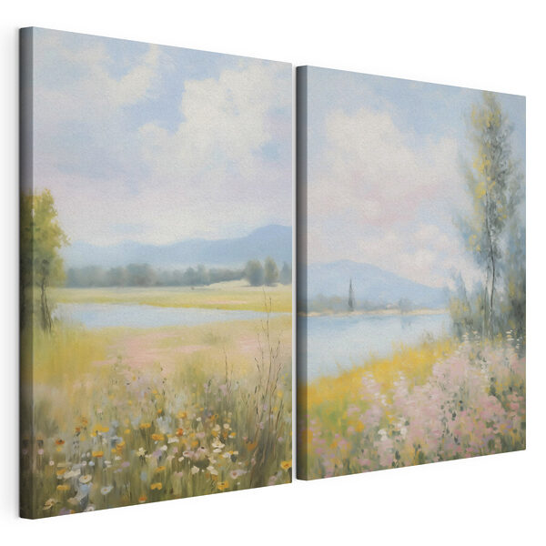 Cuadro de un paisaje con un río y un campo de flores Lámina modular sobre lienzo Cuadro de un paisaje con un río y un campo de flores