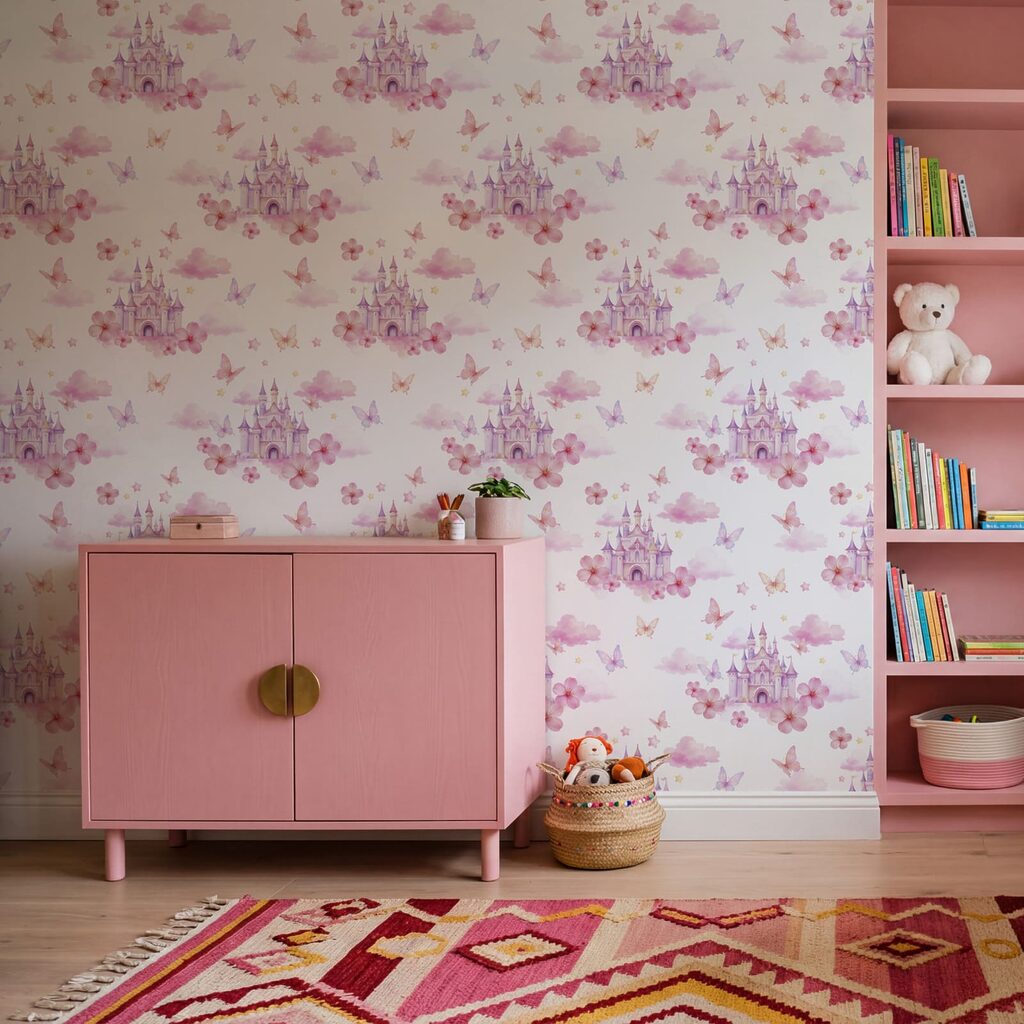 Diseño con mariposas rosas y moradas y un castillo Diseño con mariposas rosas y moradas y un castillo