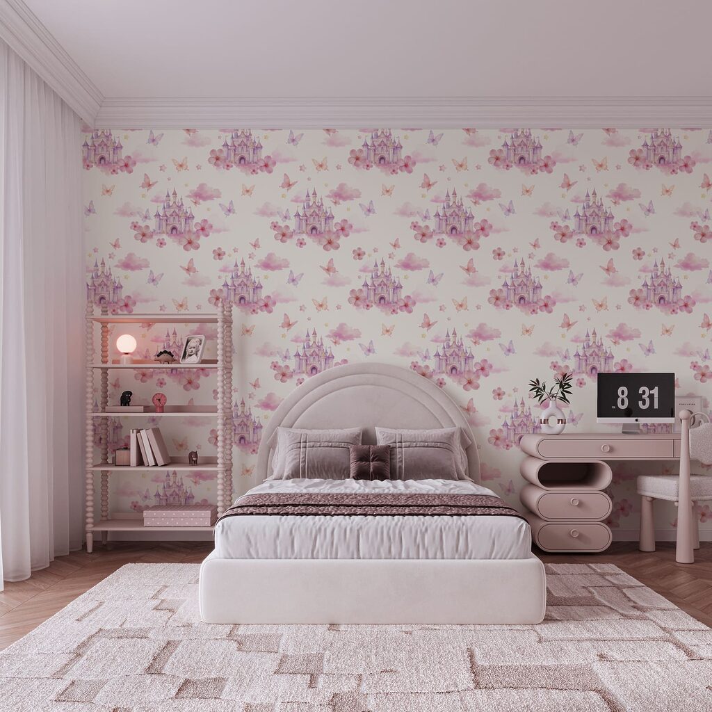Diseño con mariposas rosas y moradas y un castillo Diseño con mariposas rosas y moradas y un castillo