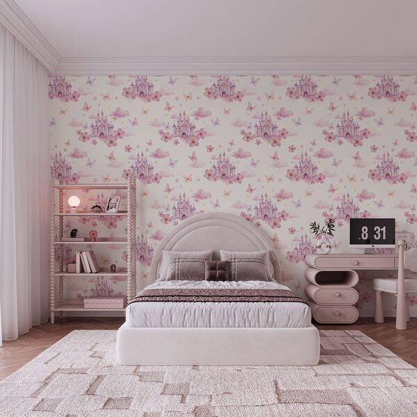 Diseño con mariposas rosas y moradas y un castillo Diseño con mariposas rosas y moradas y un castillo