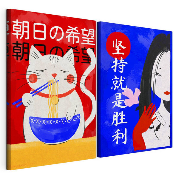 Dos carteles en los que aparecen un gato y una mujer Lámina modular sobre lienzo Dos carteles en los que aparecen un gato y una mujer