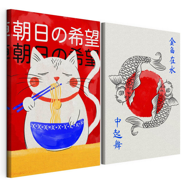 Dibujo de un gato y un pez Lámina modular sobre lienzo Dibujo de un gato y un pez