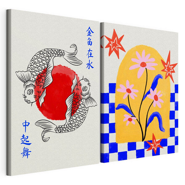 Dos tarjetas con flores y peces Lámina modular sobre lienzo Dos tarjetas con flores y peces
