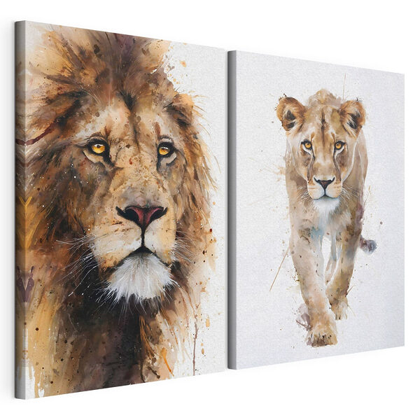 Cuadro de un león y una leona Lámina modular sobre lienzo Cuadro de un león y una leona