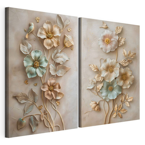 Lámina modular sobre lienzo Delicados diseños florales en tonos suaves