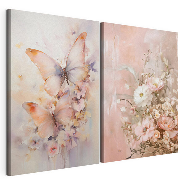 Dos cuadros de flores y mariposas Lámina modular sobre lienzo Dos cuadros de flores y mariposas