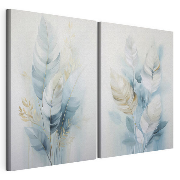 Pintura de plumas y hojas Lámina modular sobre lienzo Pintura de plumas y hojas
