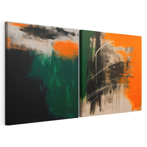 Dos obras de arte en naranja y negro Lámina modular sobre lienzo Dos obras de arte en naranja y negro