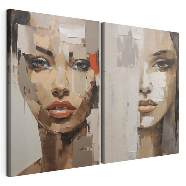 Dos cuadros que representan el rostro de una mujer Lámina modular sobre lienzo Dos cuadros que representan el rostro de una mujer