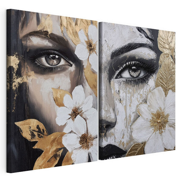 Cuadro que representa el rostro de una mujer con flores Lámina modular sobre lienzo Cuadro que representa el rostro de una mujer con flores