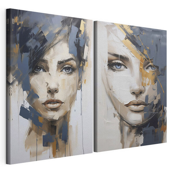 Dos cuadros que representan rostros de mujeres Lámina modular sobre lienzo Dos cuadros que representan rostros de mujeres