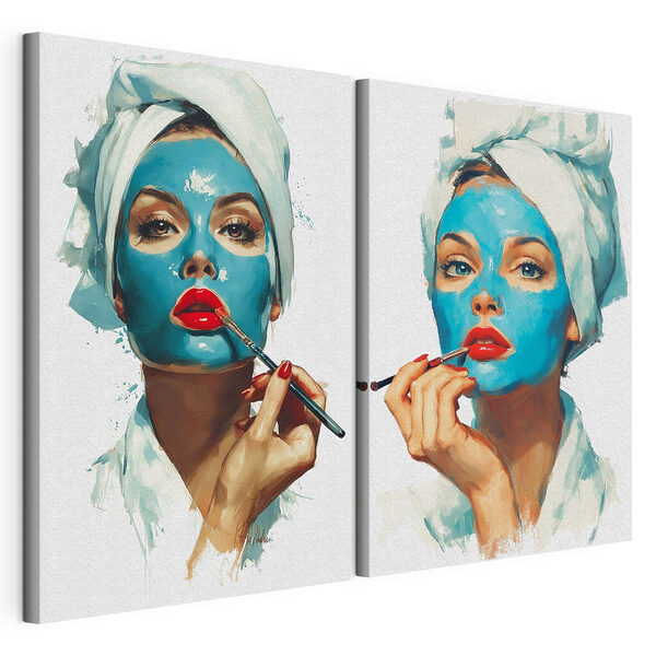 Lámina modular sobre lienzo Collage de una mujer aplicándose una mascarilla azul