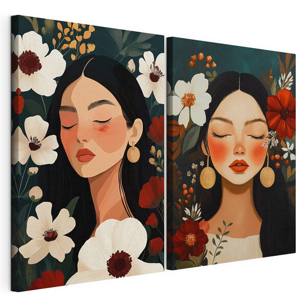 Lámina modular sobre lienzo Rostros ensimismados entre flores de vivos colores