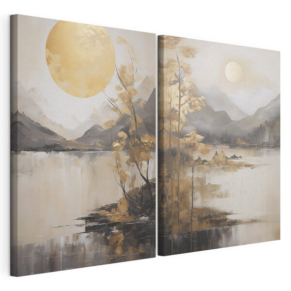 Cuadro que representa un paisaje con la luna y las montañas Lámina modular sobre lienzo Cuadro que representa un paisaje con la luna y las montañas