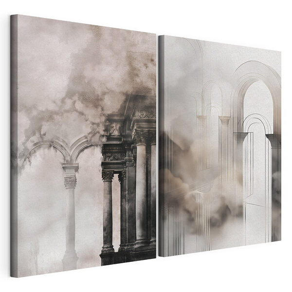 Collage de un edificio con columnas y humo Lámina modular sobre lienzo Collage de un edificio con columnas y humo