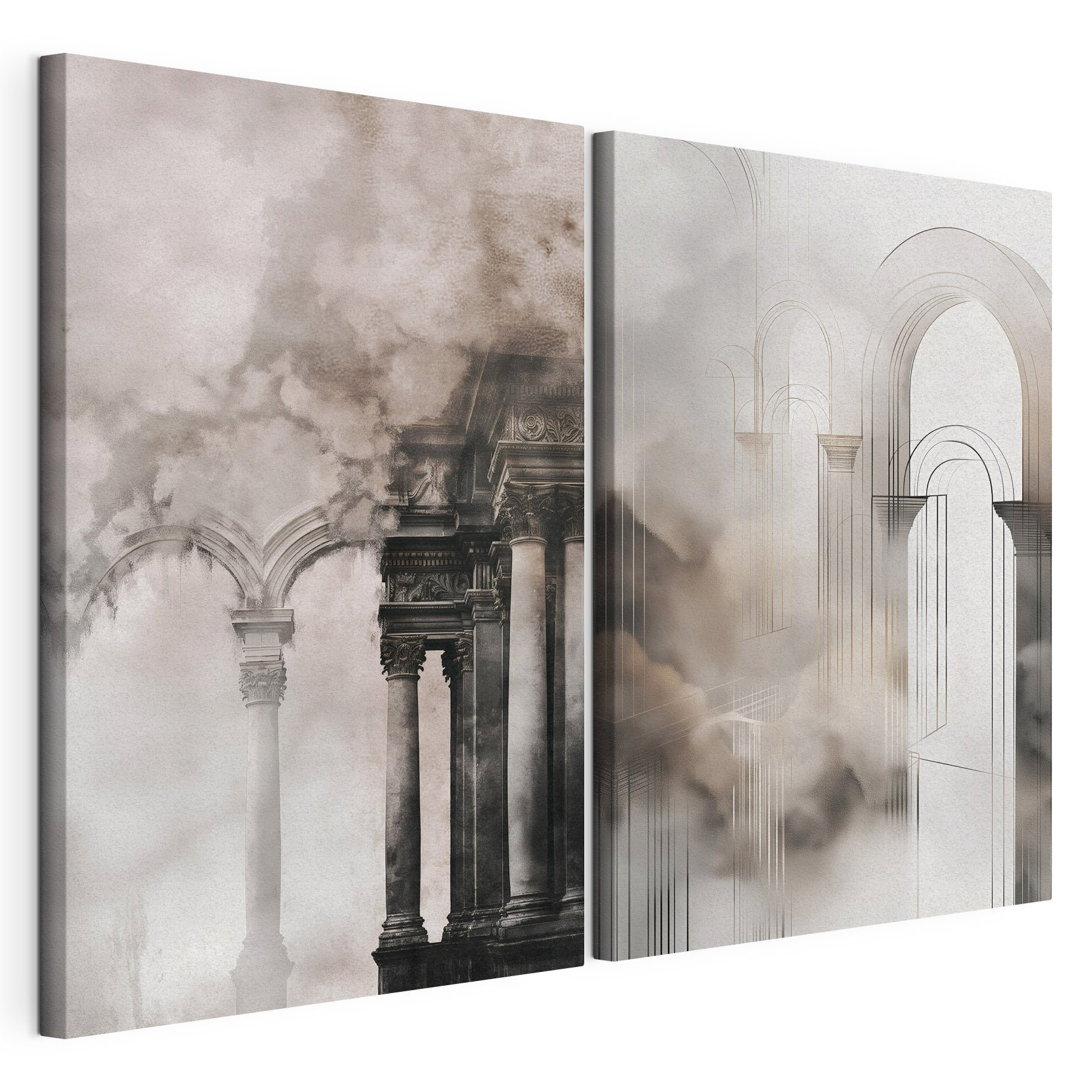 Collage of a building with columns and smoke Collage of a building with columns and smoke