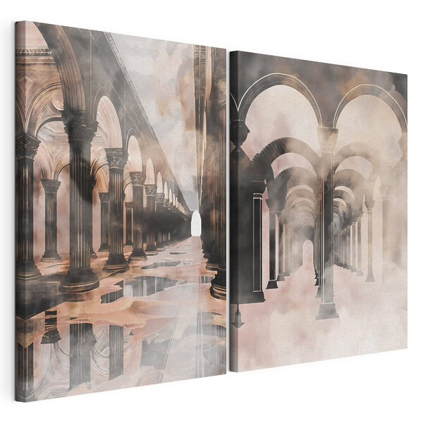 Lámina modular sobre lienzo Lámina modular sobre lienzo Collage de un pasillo con columnas y un charco de agua (SKU: m30830)
