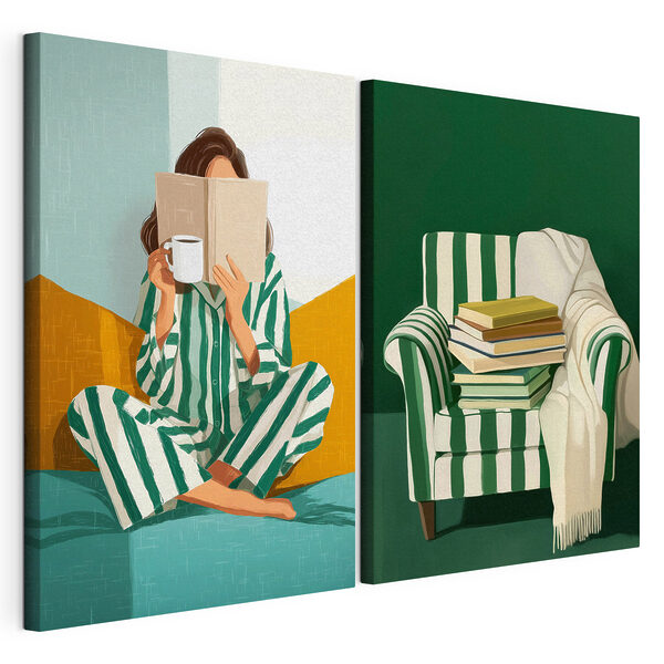 Una mujer en pijama leyendo un libro y una pila de libros Lámina modular sobre lienzo Una mujer en pijama leyendo un libro y una pila de libros