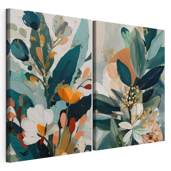 Pintura de flores y hojas Lámina modular sobre lienzo Pintura de flores y hojas
