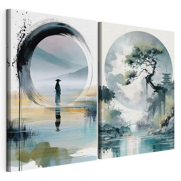 Lámina modular sobre lienzo Cuadro en el que se ve a un hombre de pie en el agua y un árbol