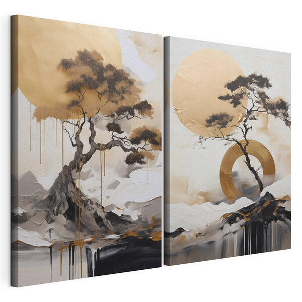 Cuadro en el que aparecen un árbol y un círculo Lámina modular sobre lienzo Cuadro en el que aparecen un árbol y un círculo