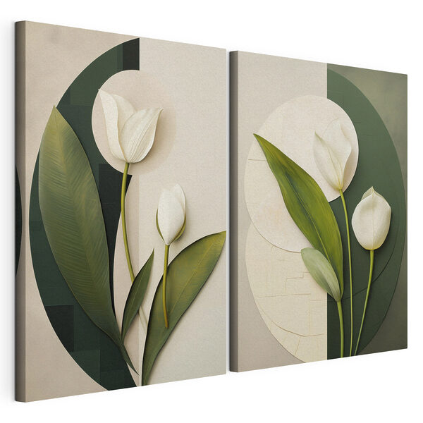 Collage de flores blancas y hojas verdes Lámina modular sobre lienzo Collage de flores blancas y hojas verdes