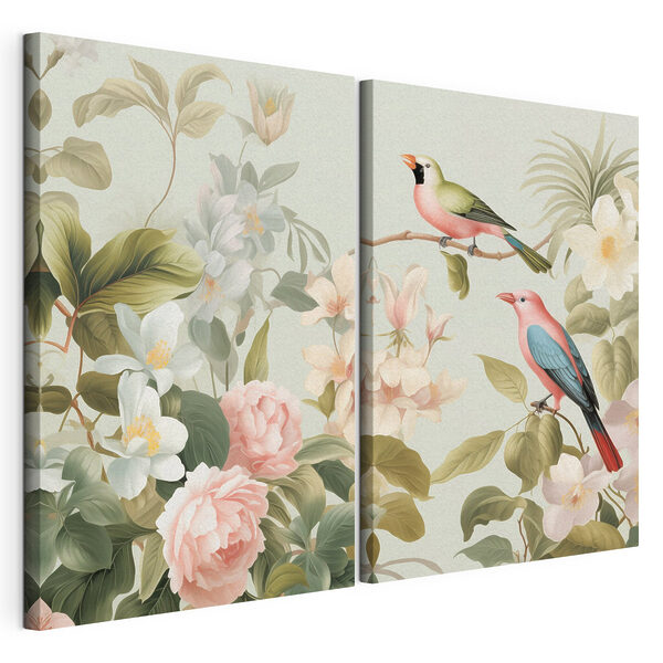 Un par de pájaros en una rama con flores Lámina modular sobre lienzo Un par de pájaros en una rama con flores
