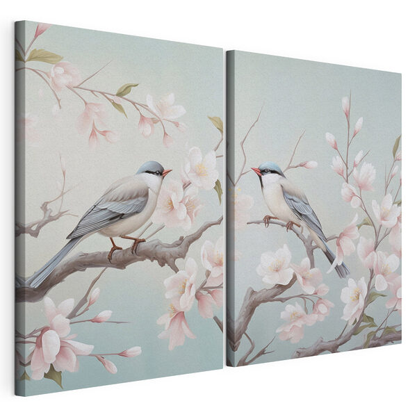 Un par de pájaros en una rama con flores Lámina modular sobre lienzo Un par de pájaros en una rama con flores