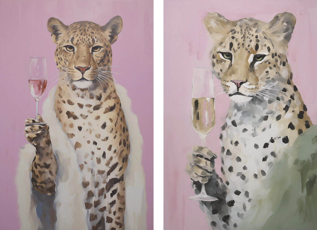 Painting of a cheetah holding a glass of wine Painting of a cheetah holding a glass of wine