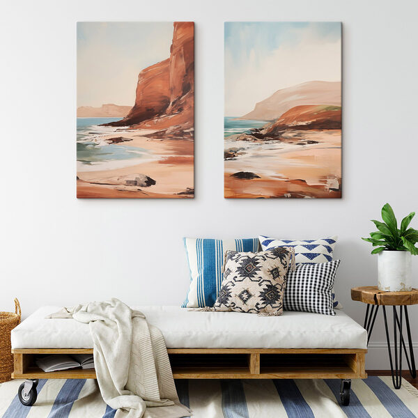Painting of a beach and a rocky cliff Painting of a beach and a rocky cliff