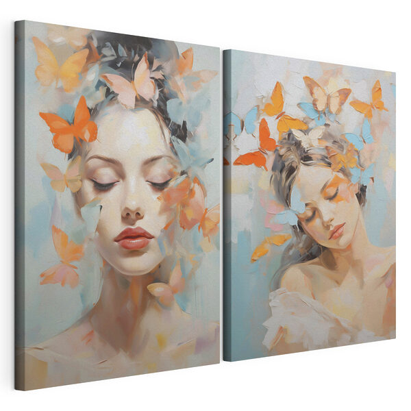 Collage de una mujer con mariposas en el pelo Lámina modular sobre lienzo Collage de una mujer con mariposas en el pelo