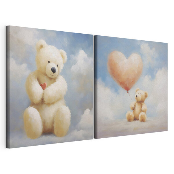 Lámina modular sobre lienzo Dos fotos de un osito de peluche que sostiene un globo