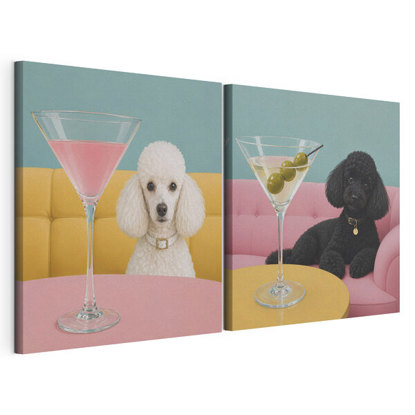Lámina modular sobre lienzo Un perro sentado en una mesa con una copa de martini